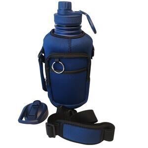 64oz Thermo Water Bottle Straw Stainless steel Navy Blue w/sleeve & pocket Gym